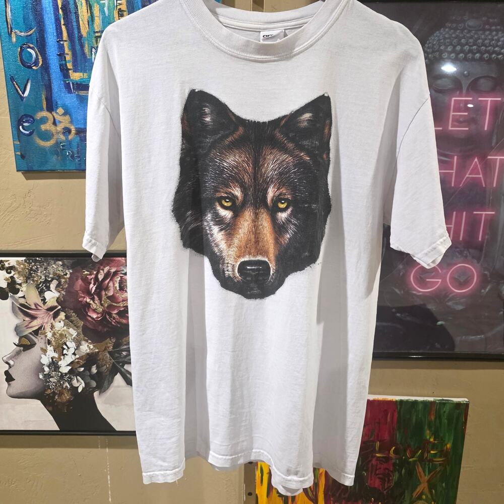 Rare Vintage Y2K Wolf Animal Portrait White Carpcore Graphic T-Shirt Large